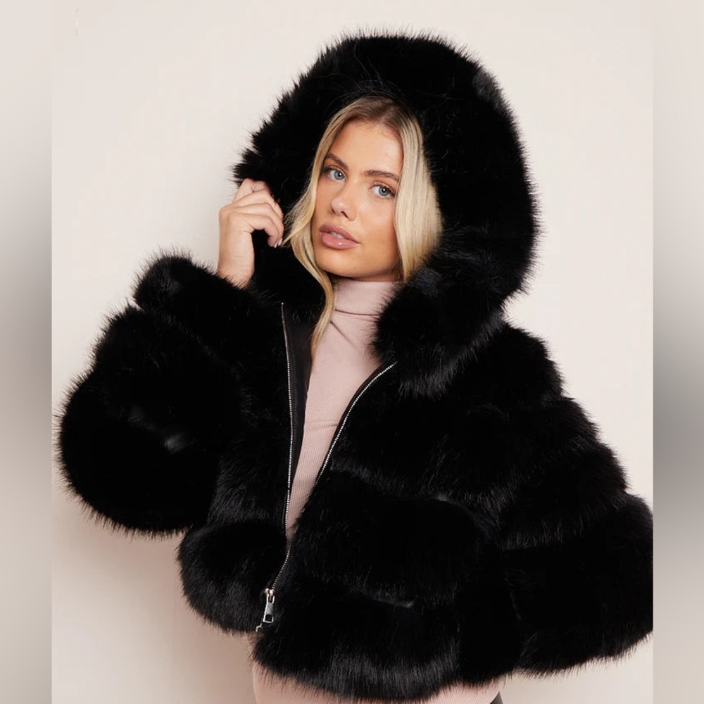Women's Black Faux Fur Hoodie Jacket - Picture 3 of 10